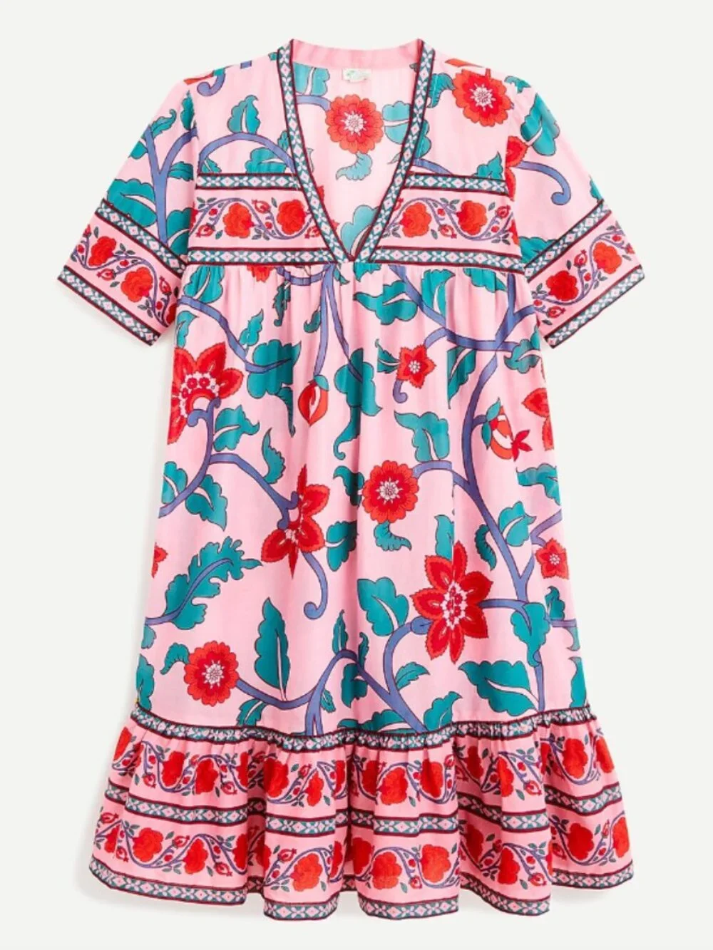 J. Crew Pink Red V-Neck Tunic Dress in Floral Block Print Beach Resortwear S